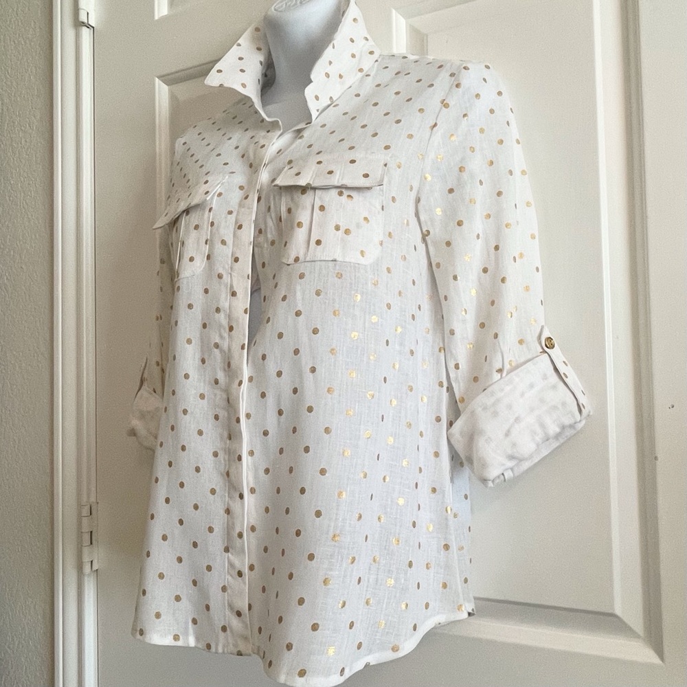 Charter Club Luxury Linen Shirt with Gold Polka Dots Tab Sleeves & Front Pockets